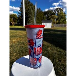 Starbucks 24 oz Venti Cold Cup Tumbler Blue Floral Flowers‎ Poppy Poppies 2017